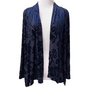 Burnout Velvet Open Front Cardigan Womens 2 Blue Black Whimisgoth Witchy Sheer